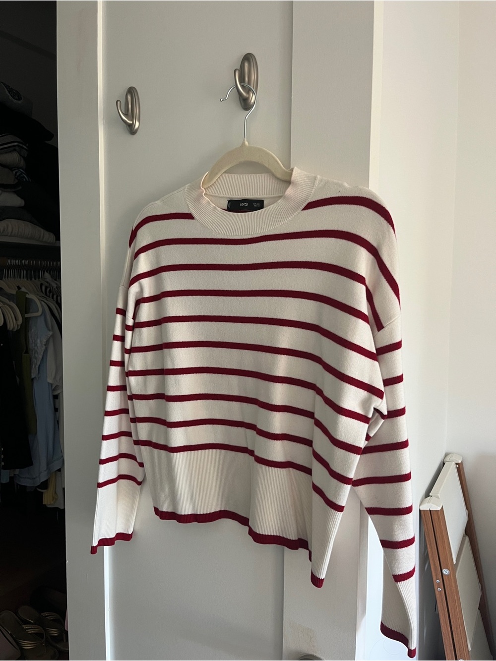 Mango White Crewneck Sweater with Red Stripes